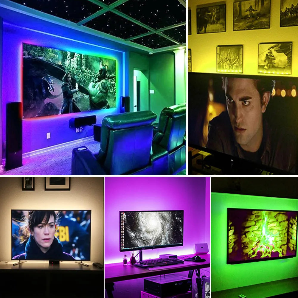 Flexible LED strip light bent into shape with remote control and adhesive backing visible.