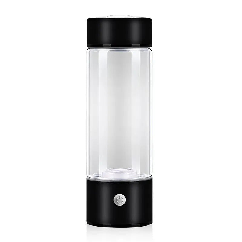Hydrogen water bottle in silver with electric base, borosilicate glass body, 21.5cm tall, 401-500ml capacity