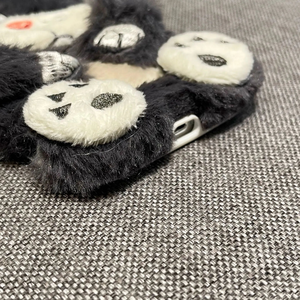 Plush staring cat phone case for iPhone with soft furry texture and love lens design