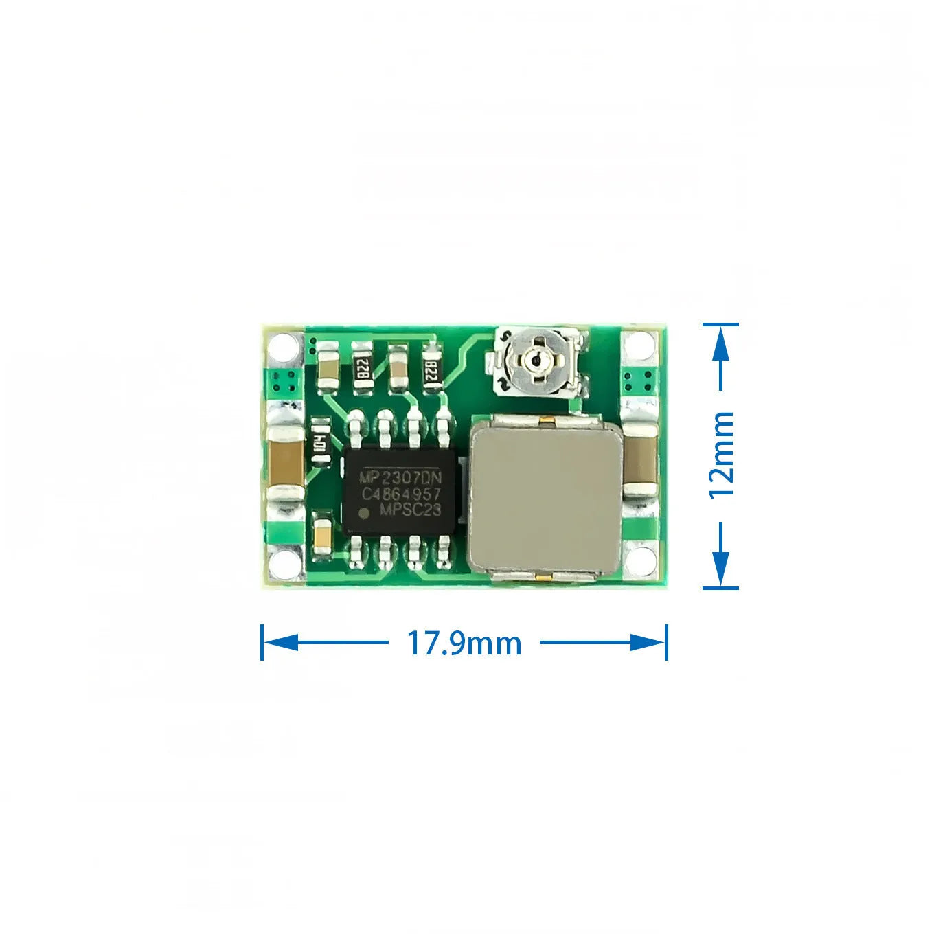 Mini 360 DC-DC buck converter module on green PCB with compact layout showing input and output pads