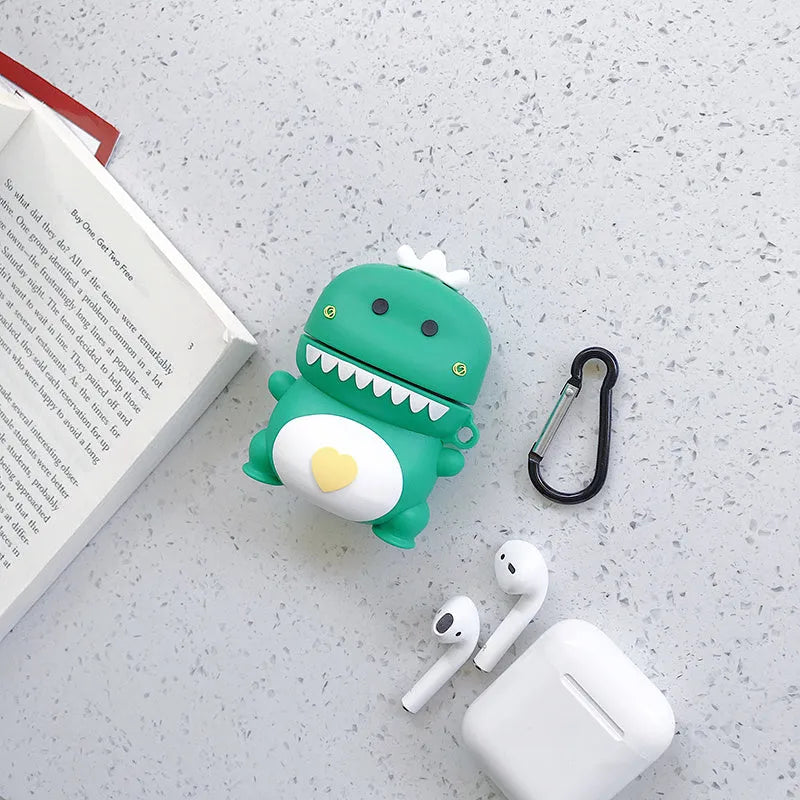 Green silicone case with cartoon animal print for AirPods 1 and 2 generation charging case