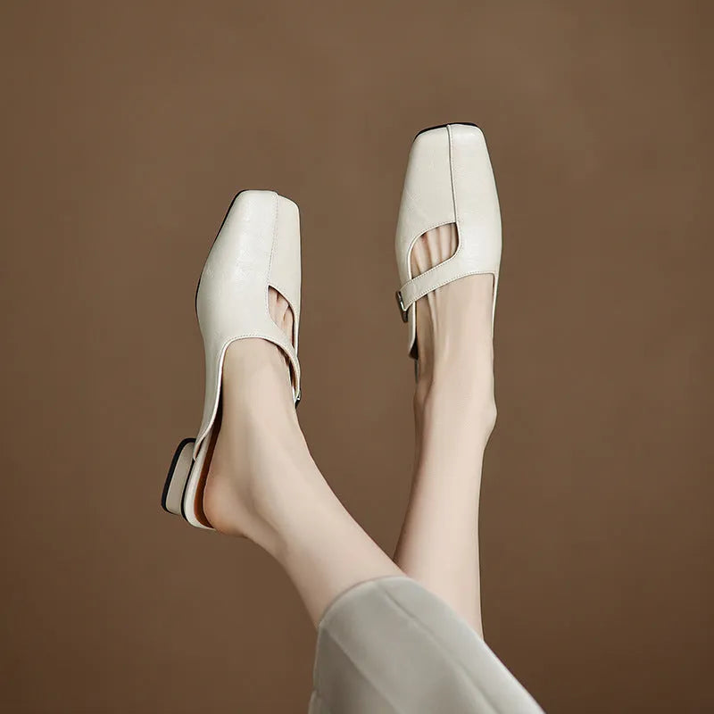 Women's low-heel casual slipper with a square toe in artificial PU, shown in a choice of colours.