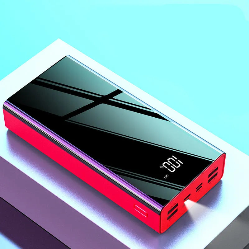 Large 40000 mAh capacity power bank with LCD screen in black or red colour.