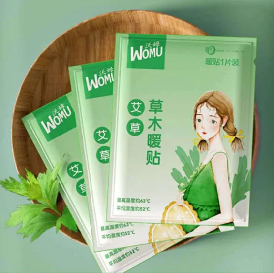Self-heating uterus warming plaster showing four herbal options: argy wormwood, ginger, motherwort, and sea salt warm stickers