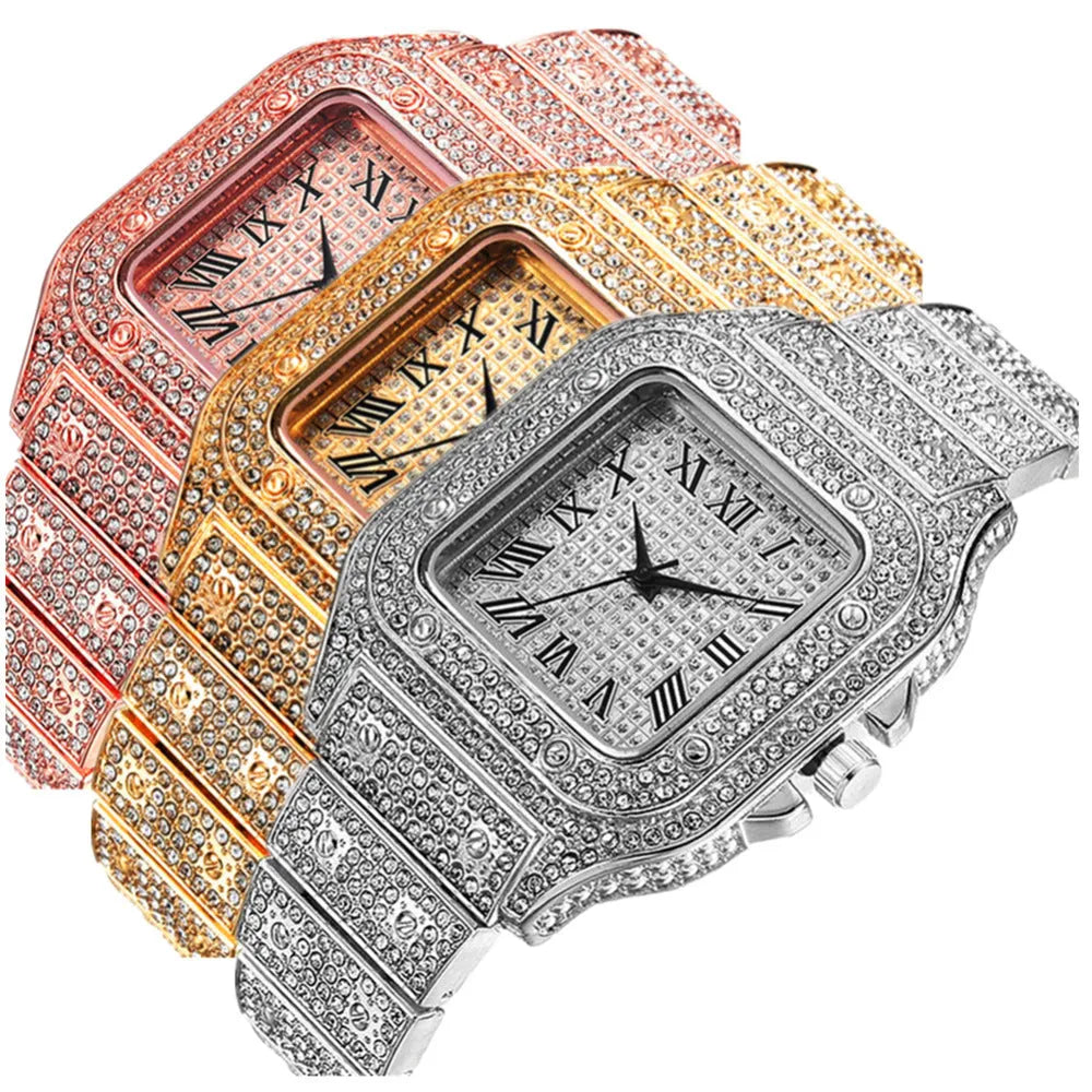 Roman numeral graduation quartz watch set with matching bracelet and necklace in gold finish