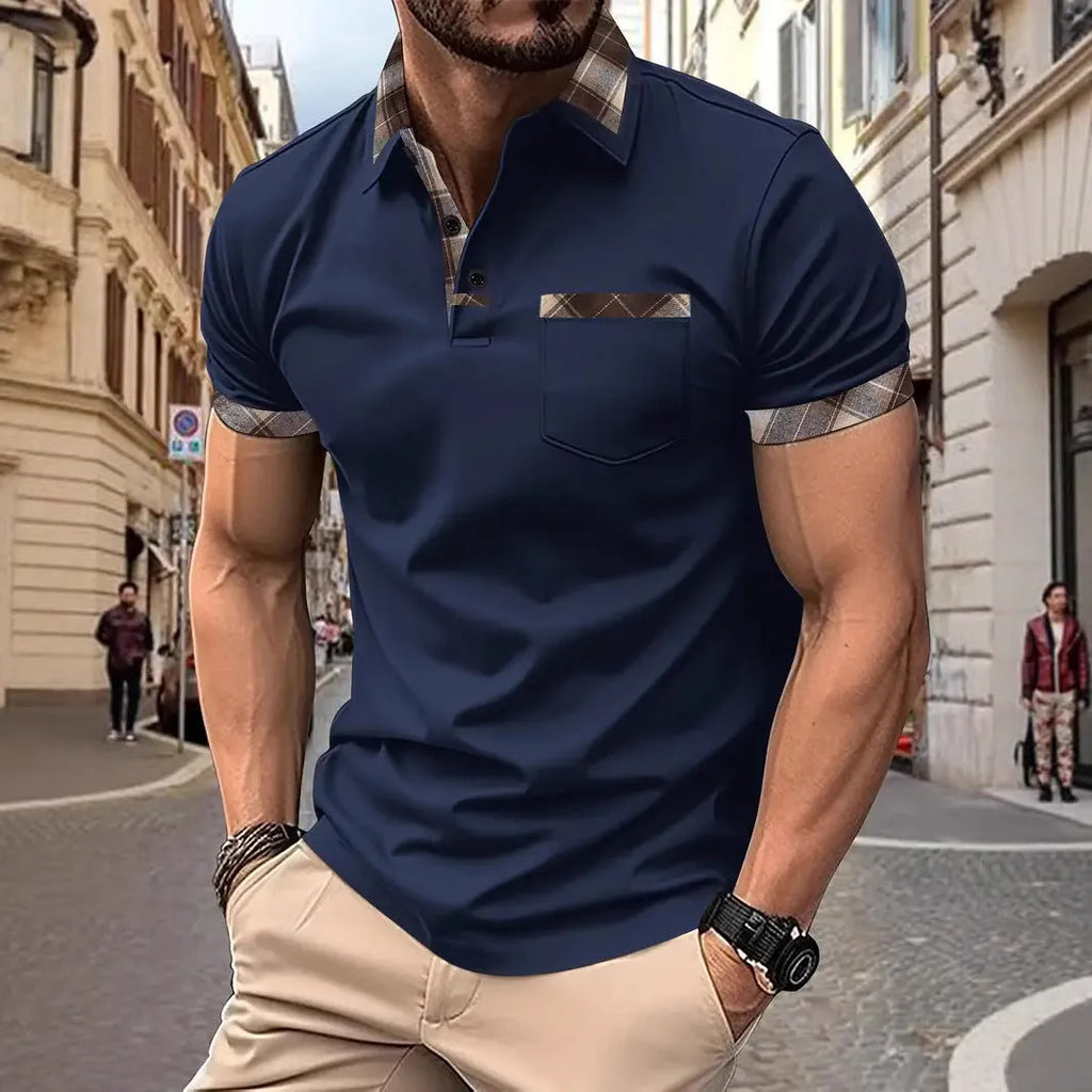 Men's plaid colourblock t-shirt with zipper decoration detail on front