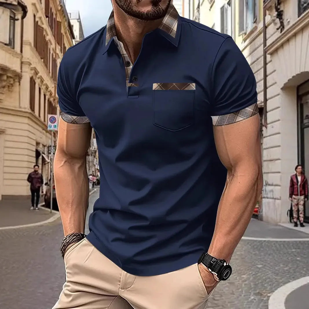 Men's plaid colourblock t-shirt with zipper decoration detail on front