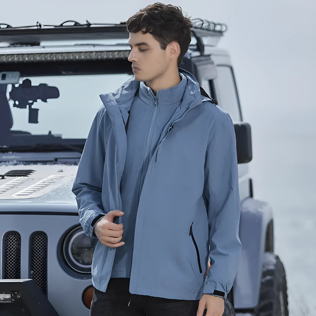 Men's black three-in-one waterproof mountaineering suit with cardigan style and removable lining for outdoor sports.