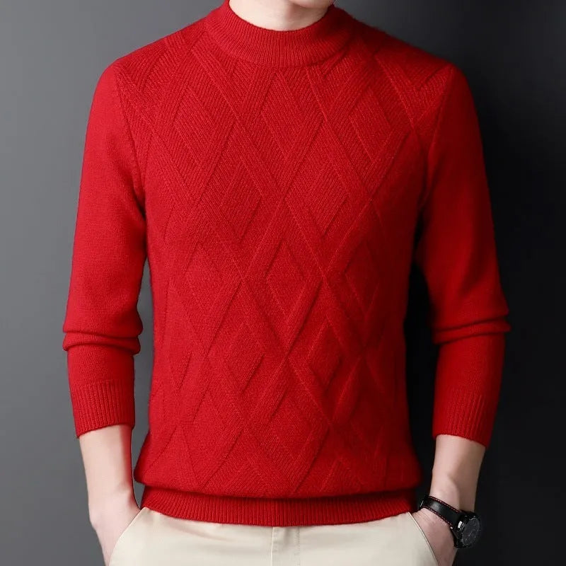 Men's grey diamond jacquard knit wool blend pullover sweater on a hanger.