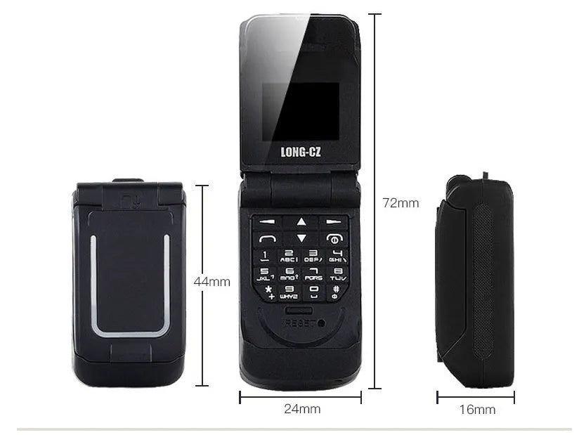 Mini flip mobile phone showing golden, rose red, black, blue, white, and yellow colour options with flip cover open