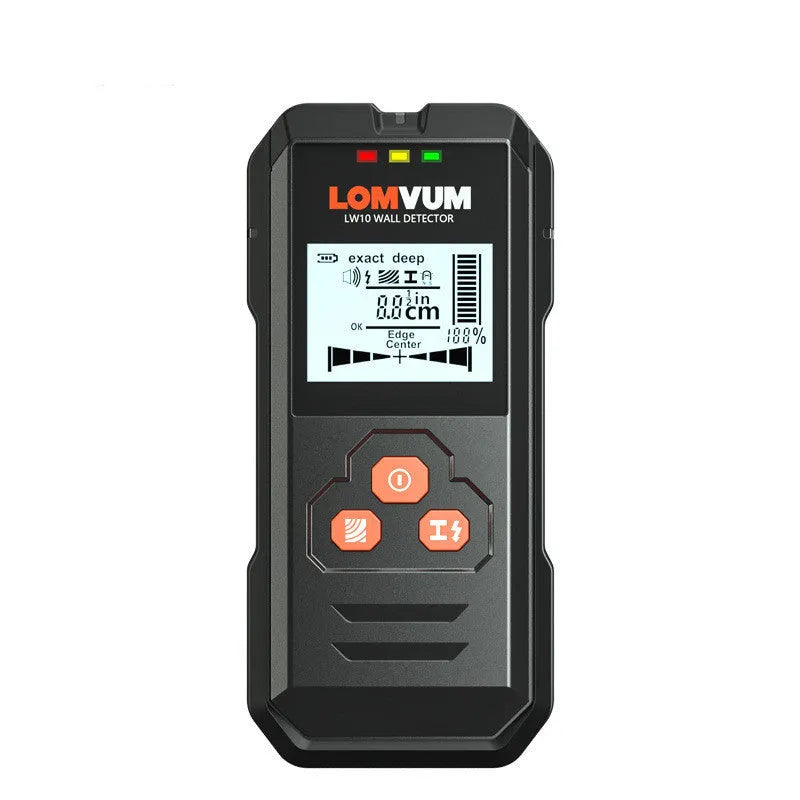 Handheld multifunctional wall detector with display for locating metal, wires, and wood.