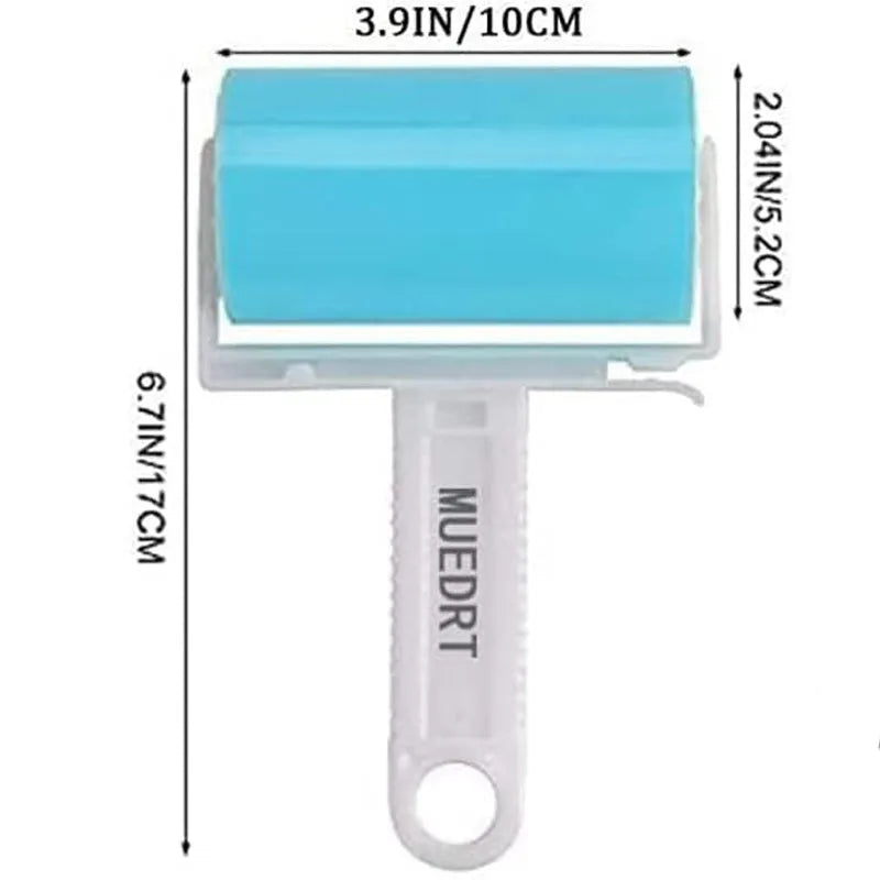 Blue reusable washable lint roller with cover for removing pet hair from clothes.