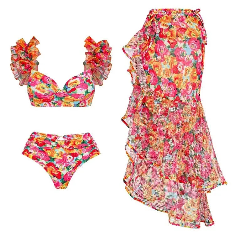 Y311 floral high waist push up bikini split swimsuit in blue floral print with brief and skirt options