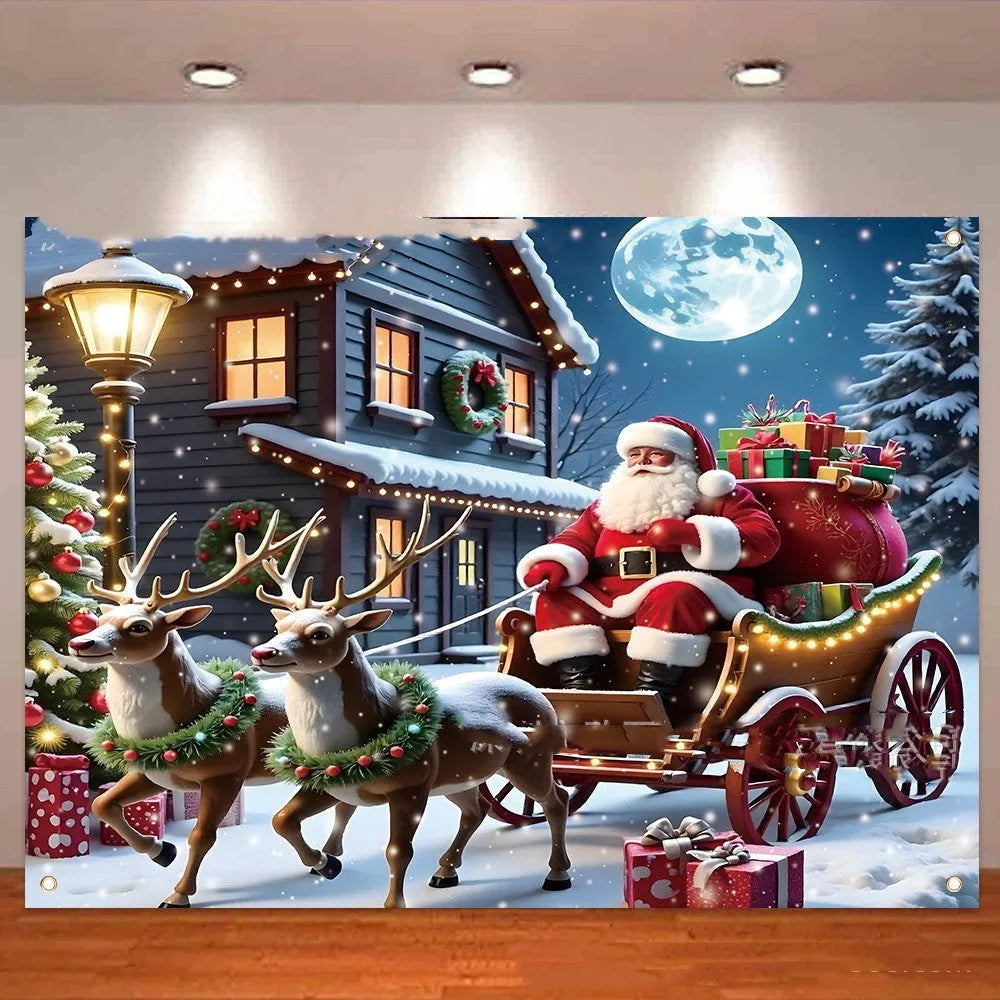 Santa Claus Christmas banner with gifts under night sky on polyester fabric 210x150cm