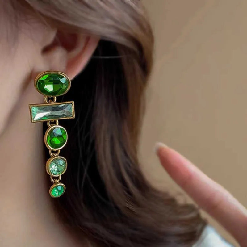 Chinese style geometric alloy earrings with retro green gradient colour and zircon inlaid tassels