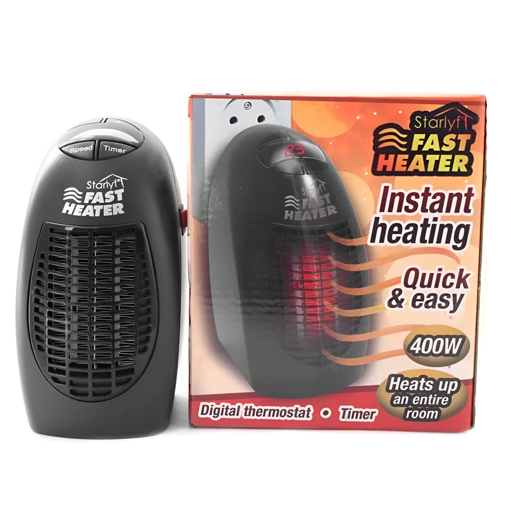 Black mini ceramic electric heater with digital display and rotating plug