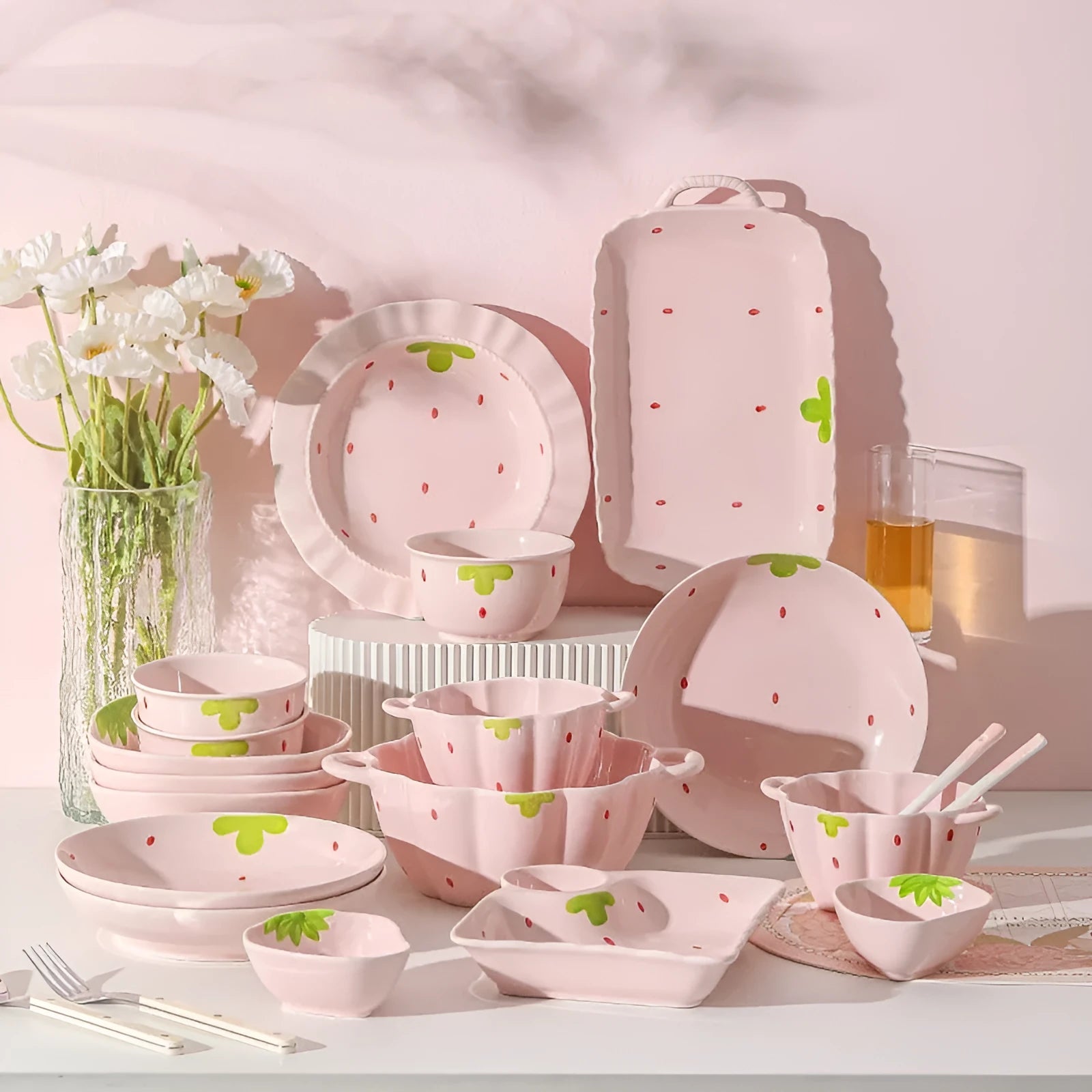 Cute strawberry pattern porcelain dinnerware set with flower bowls, plates, and a twist spoon