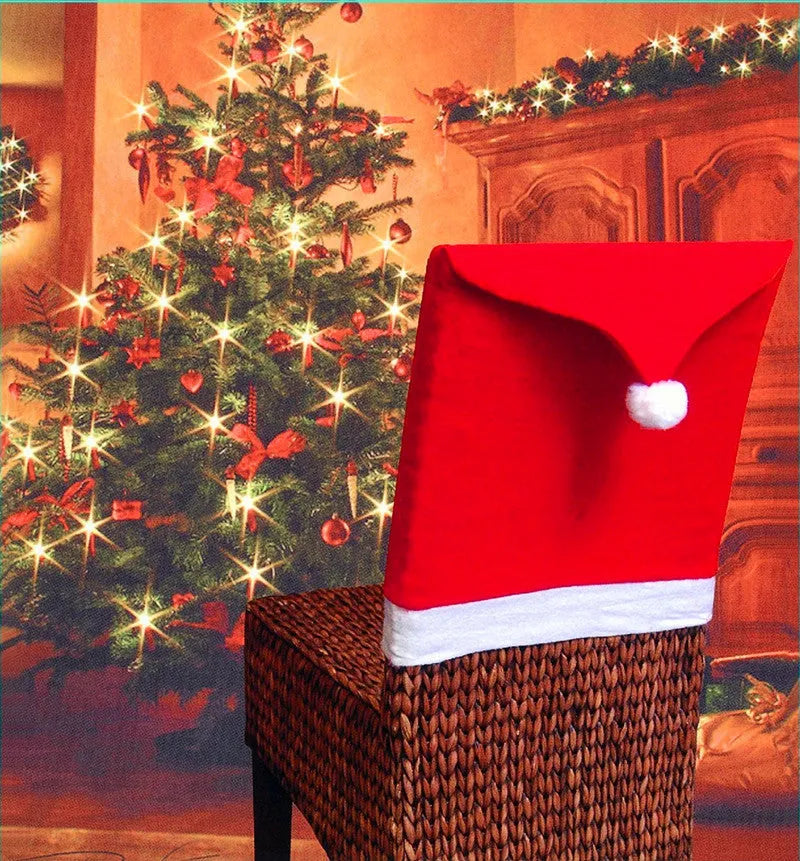 Set of Christmas chair covers with Santa Claus and snowman designs on standard dining chairs