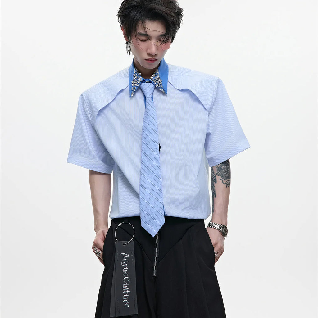 Men's loose fit dual-colour patchwork striped shirt with flip collar in blue