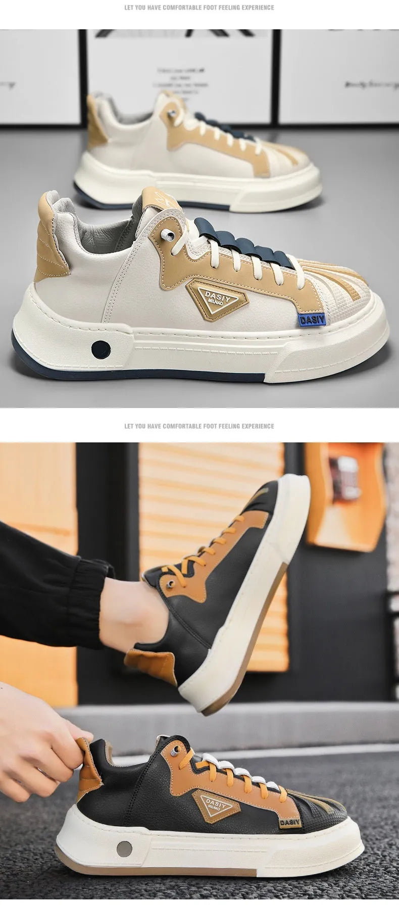 Men's beige and black low-top sneakers with elastic band and mesh lining