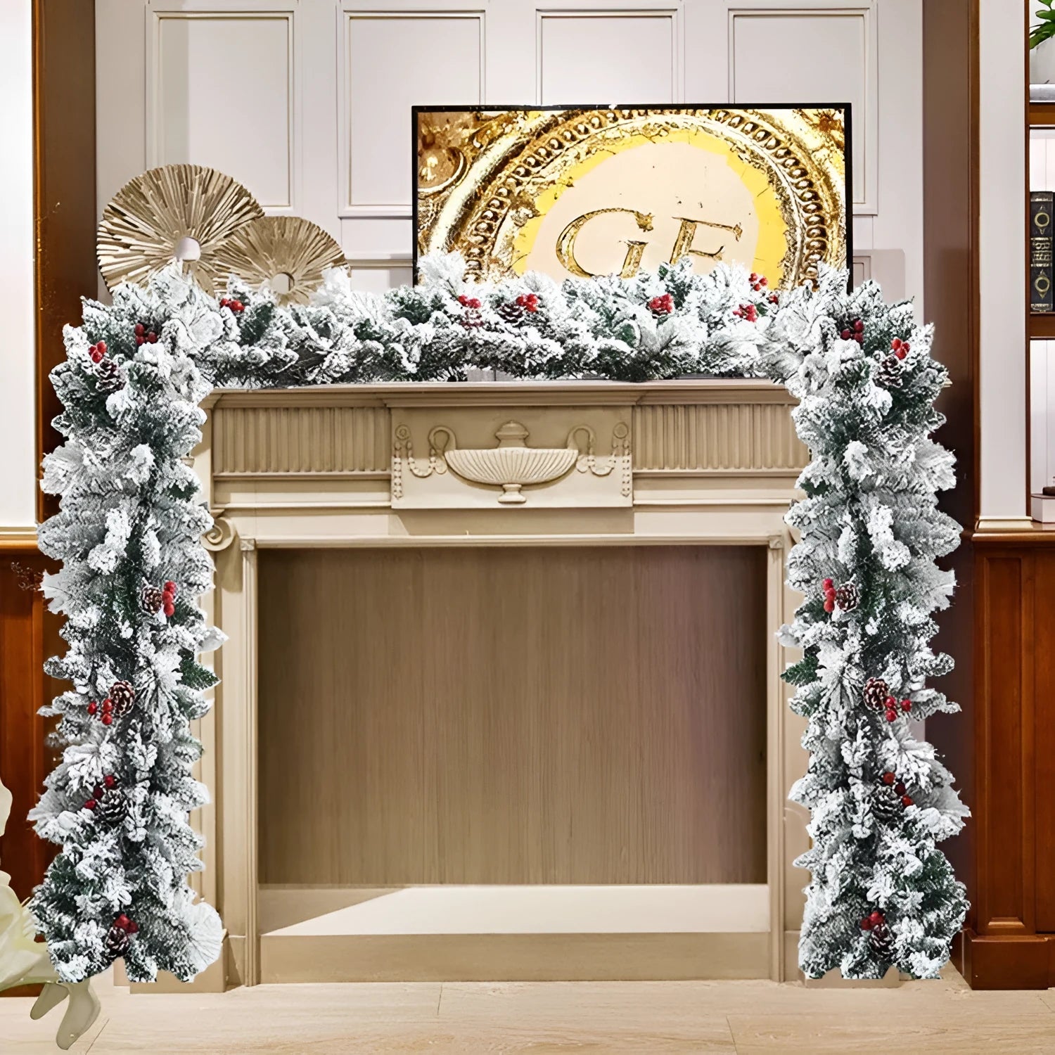 Christmas rattan-style PVC garland with white flocked snow detailing in coiled display