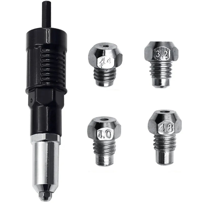 Black metal electric drill rivet gun with alloy steel forged head, 173mm length, includes handle, wrench and four rivet heads