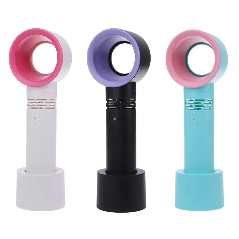Portable bladeless fan in white with USB charging cable, base, and three speed settings