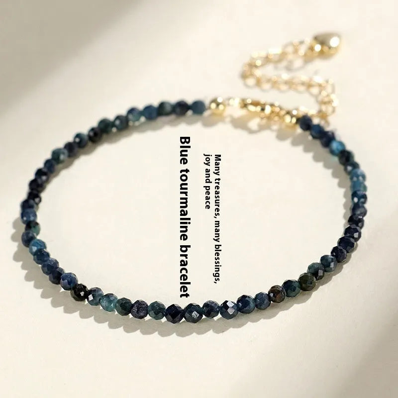 Blue tourmaline spacer bead bracelet with 3mm cut gemstones for women