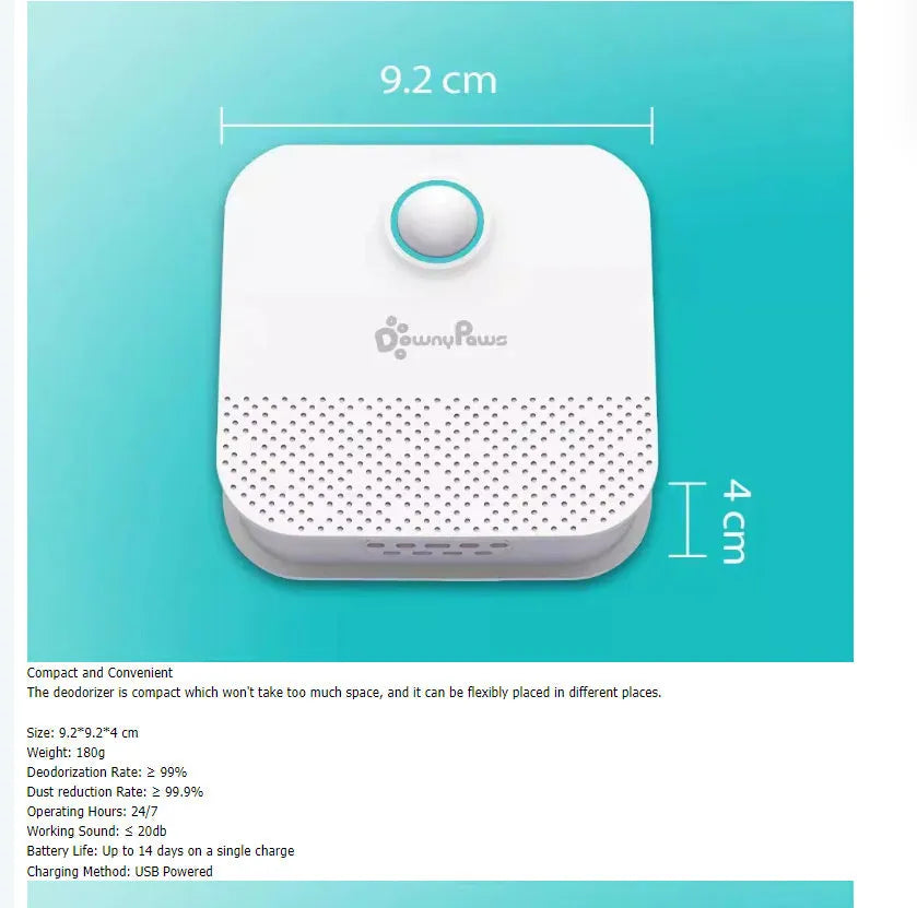 White DownyPaws 4000mAh Smart Cat Odour Purifier for litter boxes with compact dimensions