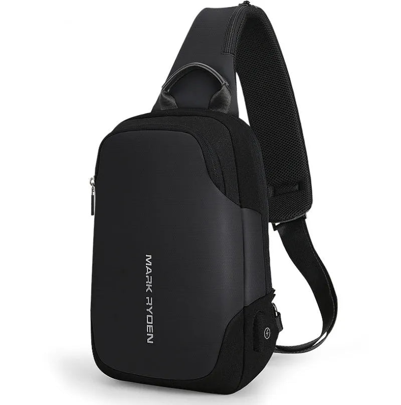 Men's anti-theft USB chest bag in black, made from Oxford cloth with zip closure and square vertical shape