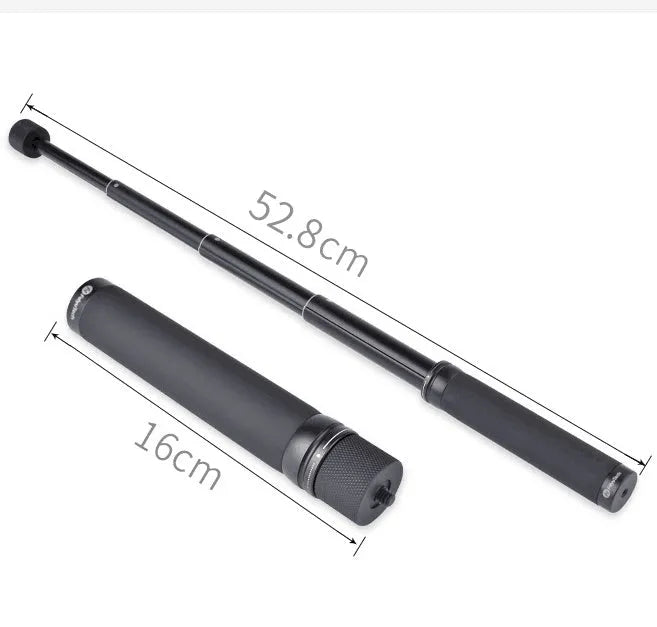 Black retractable selfie stick extended to show telescopic sections for phone photography.