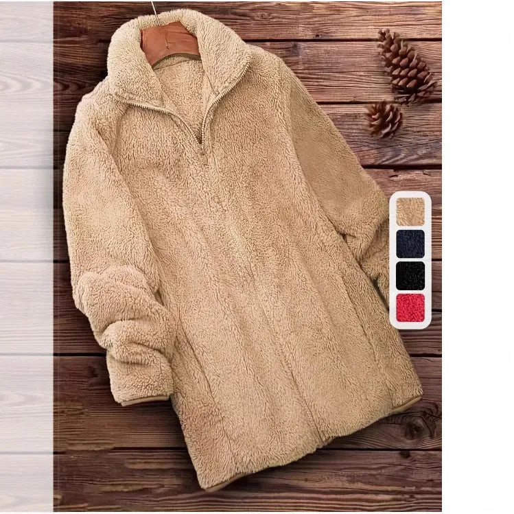 Double-sided velvet fleece jacket in khaki, shown on a hanger, with a full fleece lining visible.