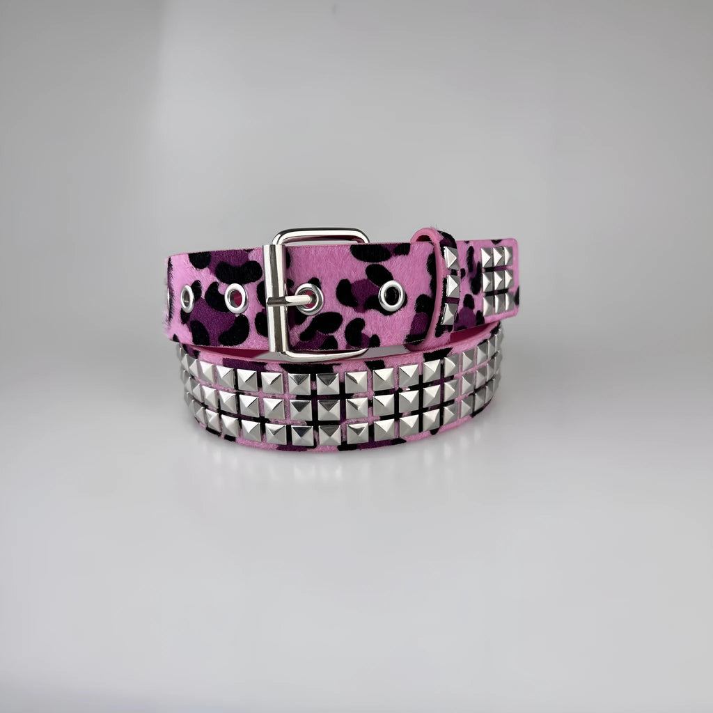 Women's punk fashion belt with metal rivets and pyramid studs in leopard print pattern