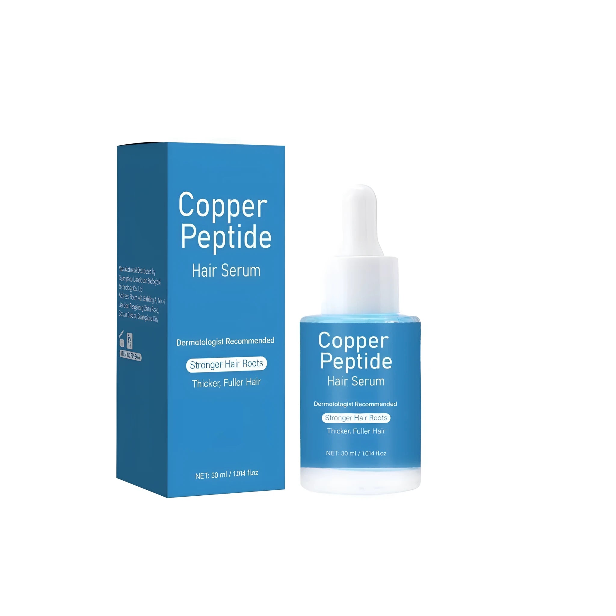 30ml copper peptide hair care oil bottle with dropper, dimensions 38.5 x 38.5 x 95mm