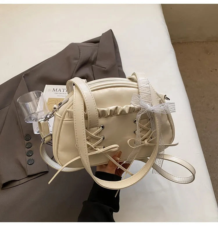 Women's bandage bow design PU leather shoulder handbag with mobile phone compartment in four colour options