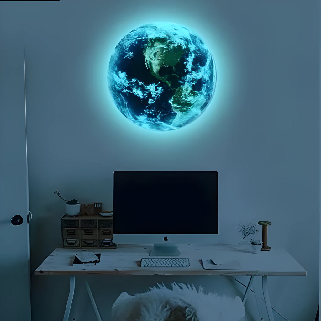 Glow in the dark 3D Earth planet wall sticker in multiple sizes on a wall.