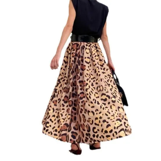 Brown leopard print women's A-line long skirt with big hem design on hanger