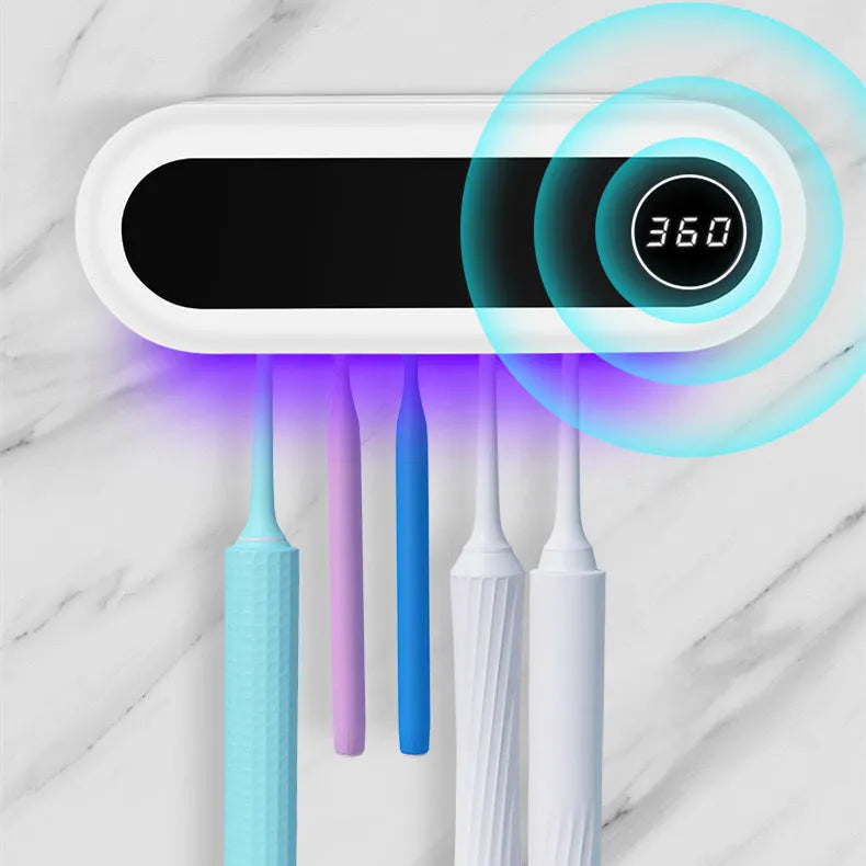 Ivory white wall mounted UV toothbrush sterilizer holder with digital display and 5 toothbrush slots