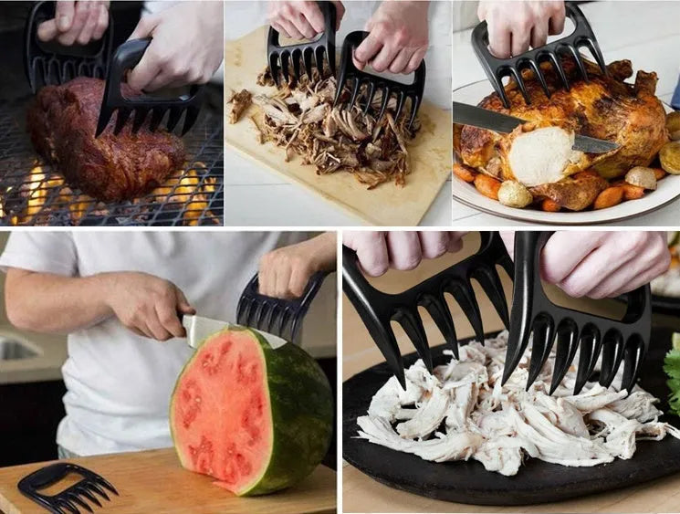 Two black PC plastic bear claw shredders for meat lying side by side on a cutting board