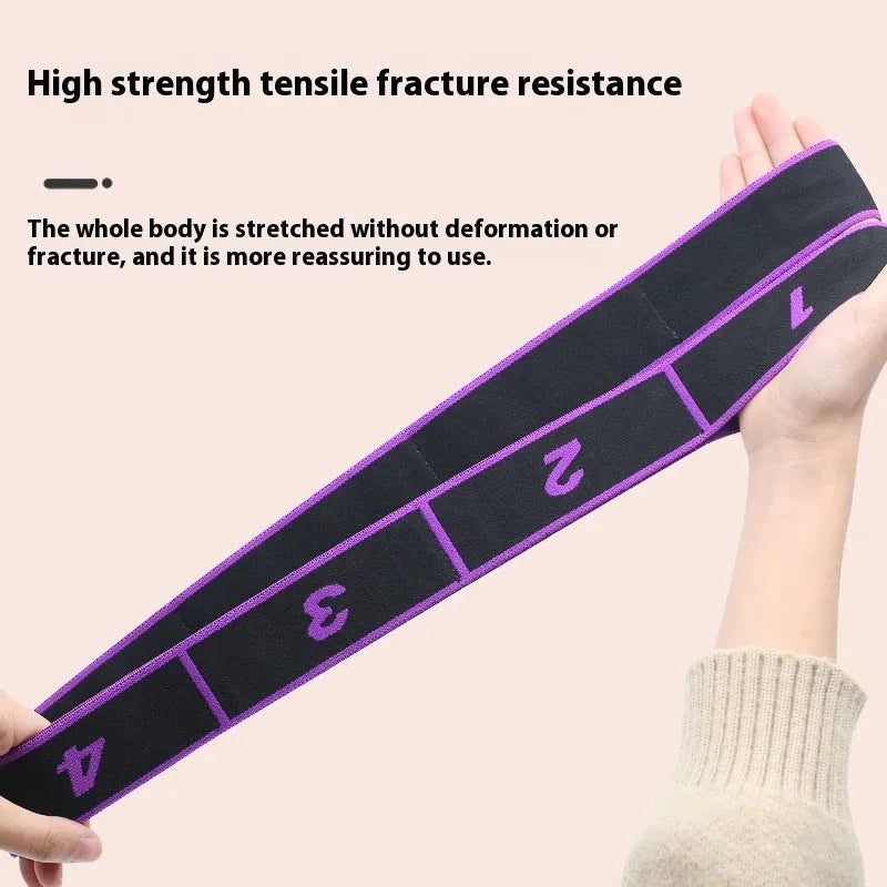 Yoga multi section stretch strap in polyester cotton latex yarn on a fitness mat, available in multiple colours