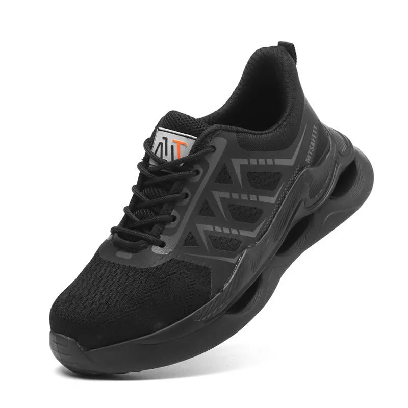 Black lightweight breathable steel toe cap safety shoes with flat knit upper and rubber outsole