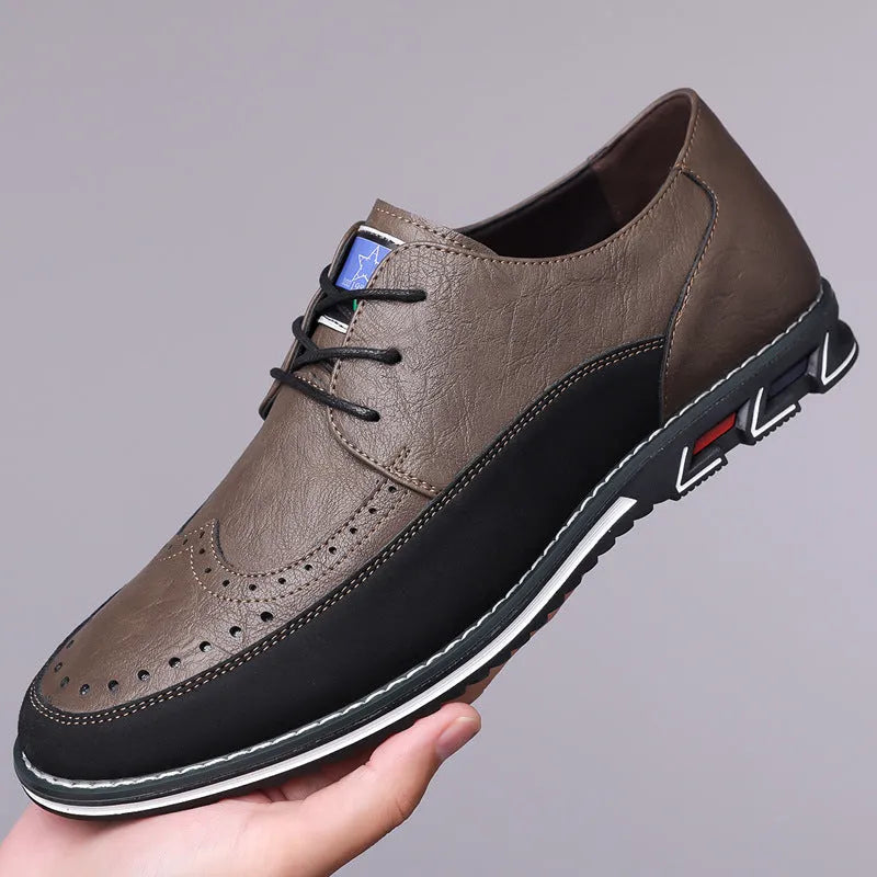 Men's black leather slip-on shoes with rubber sole and decorative sewing lines on fabric upper
