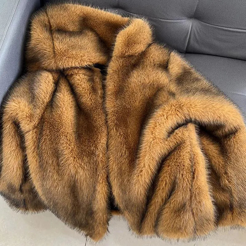 Women's silver grey artificial fur coat with regular sleeves and mid-length 65cm design