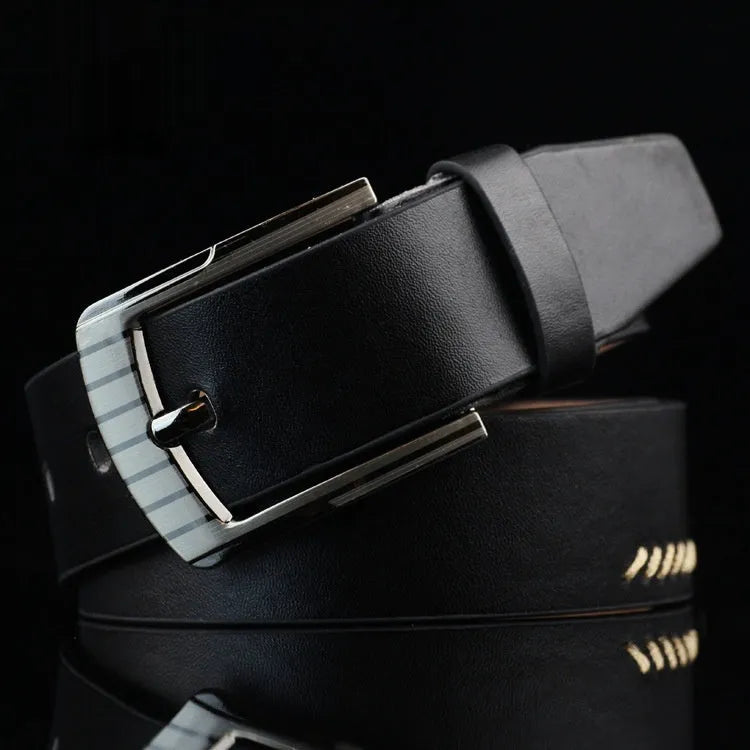 Men's retro style threading belt with alloy pin buckle in black, brown, or white, 110cm long.