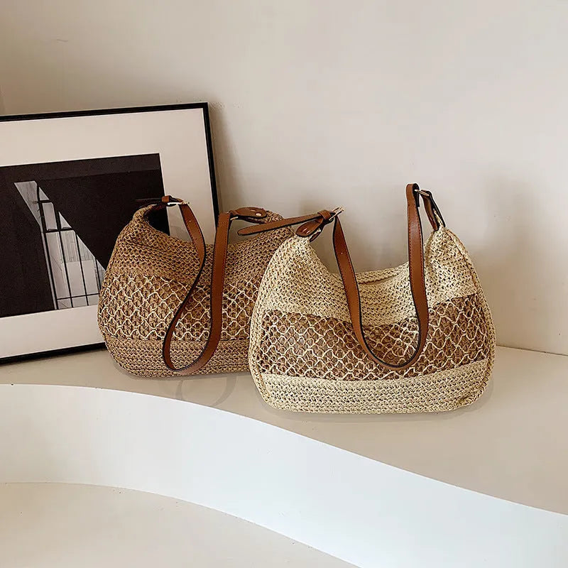 Women's straw cross body bag in khaki colour showing horizontal square shape and sandwich pocket design