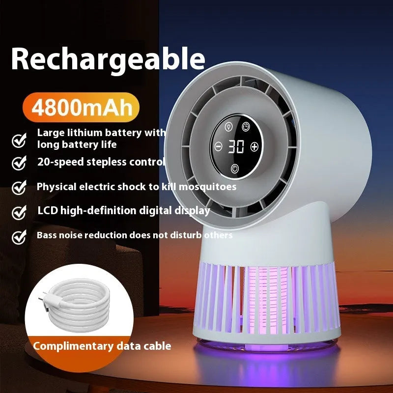 Creative 2-in-1 mosquito killing mini desk fan with night lamp, white plastic, USB rechargeable, 16.5x28x16cm