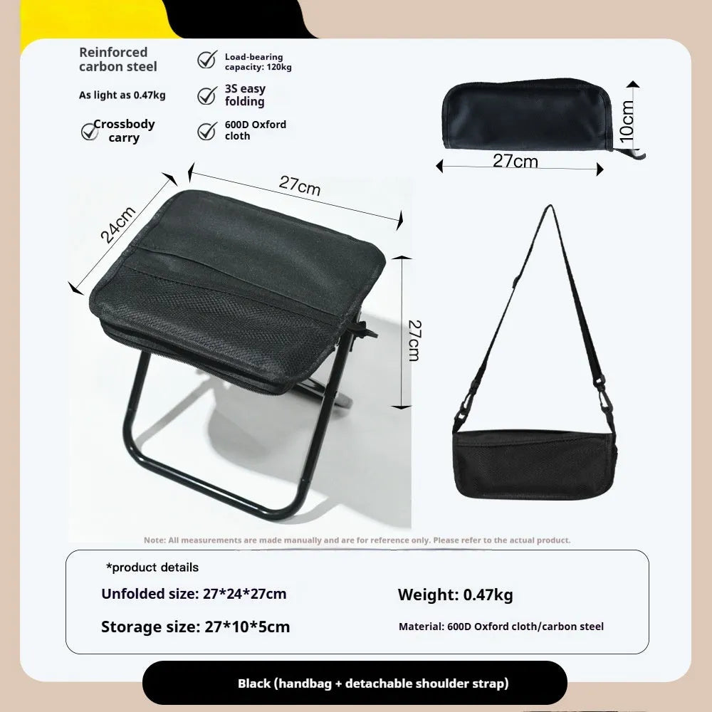 Outdoor foldable camp stool in Oxford cloth showing compact folded design