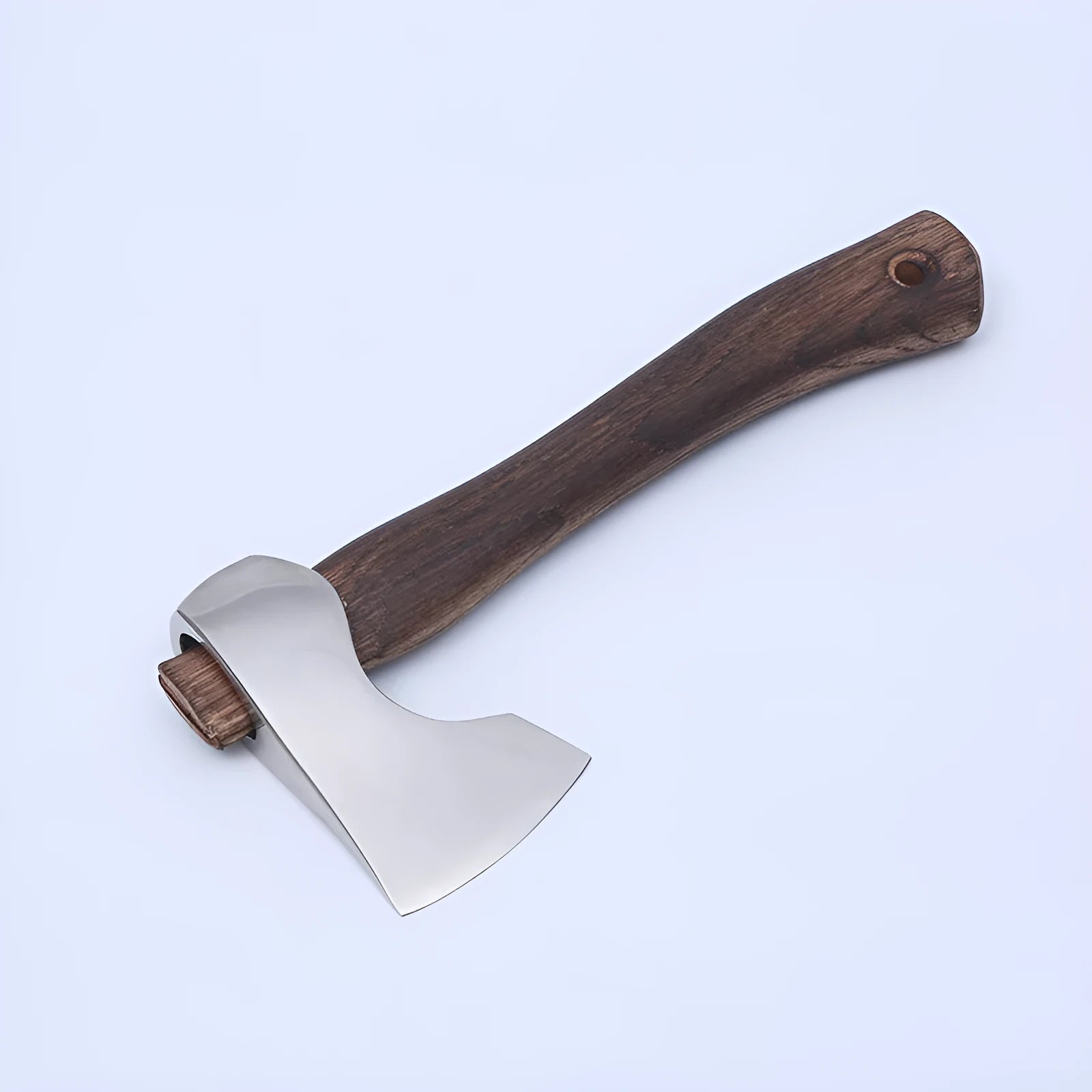 Camping axe with high carbon steel blade and wooden handle showing 250mm length