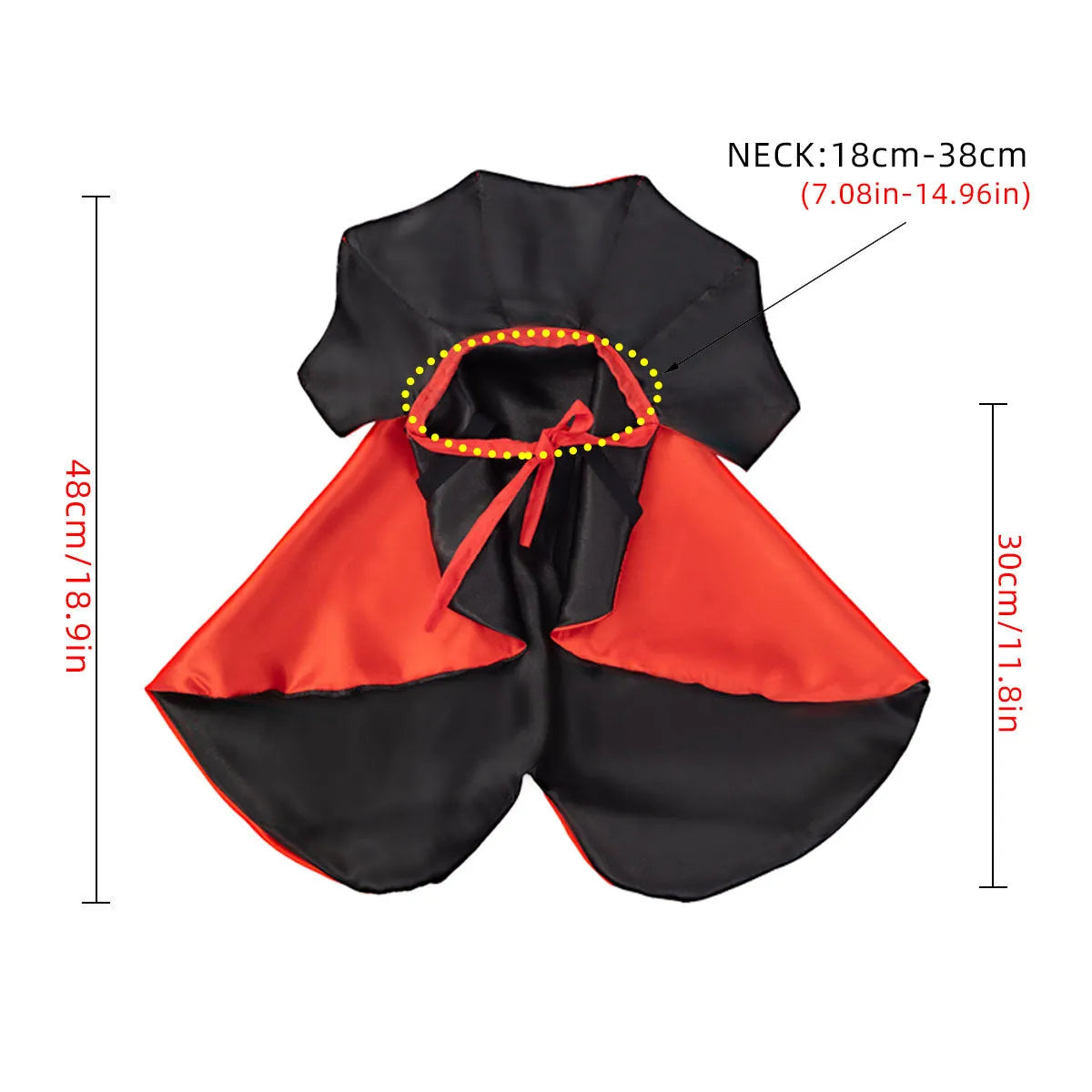 Red polyester Halloween atmosphere cloak for dogs and cats, laid flat showing open-back design
