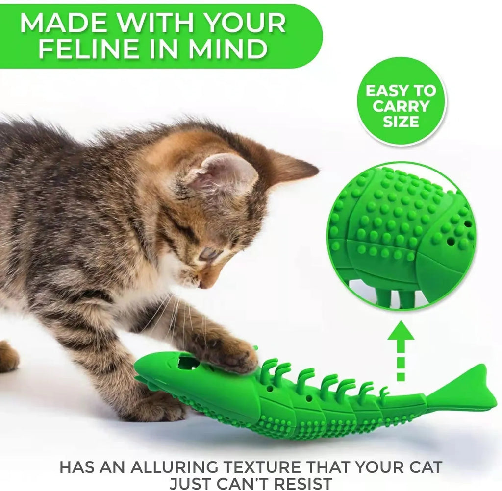 Blue hard rubber cat chew toy with a textured surface for teeth cleaning and interactive play.